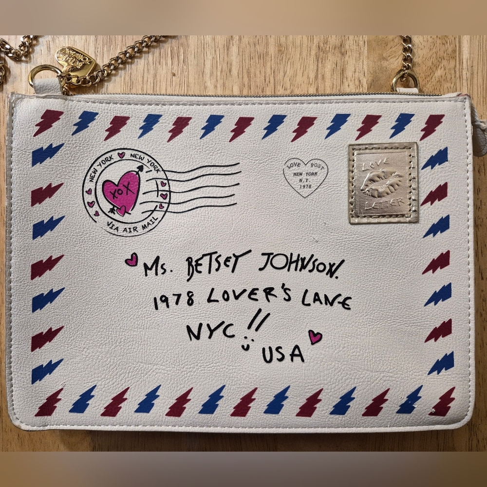 Betsey Johnson White Crossbody Mail Motif Bag with Red & Blue Accents - Picture 2 of 15